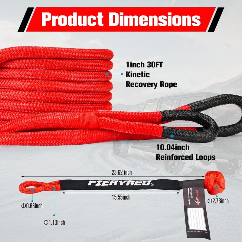 FIERYRED Kinetic Recovery Rope Kit with 2 Soft Shackles, 1 Inch x 30 FT Tow Rope,Heavy Duty Offroad Snatch Strap for UTV, ATV, Truck, Car, Jeep, Tractor - Image 2